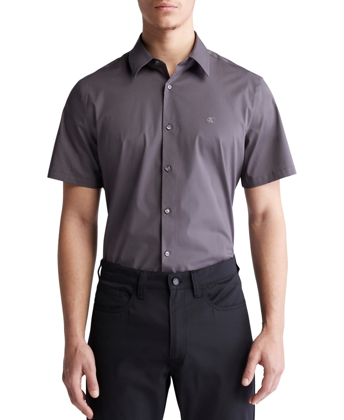 Calvin Klein Mens Slim fit Short Sleeve Button-Up Shirt XXL Grey Solid Stretch