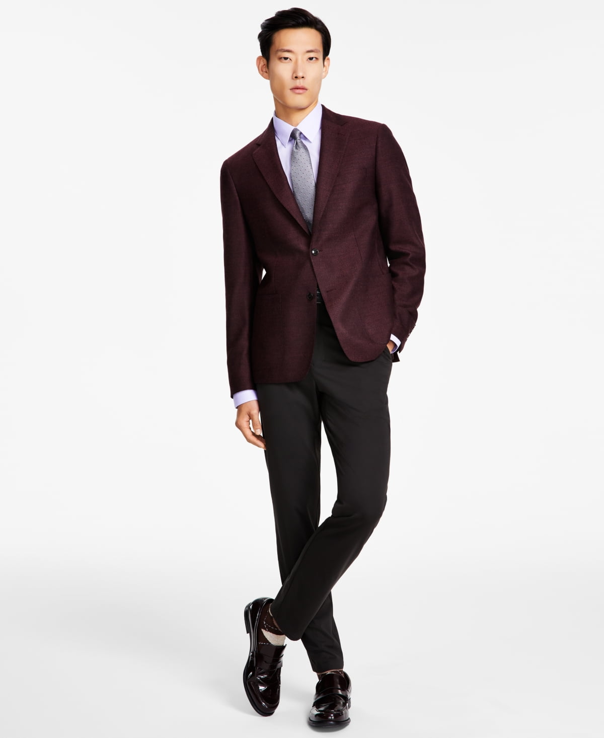 Calvin Klein Mens Slim fit Sport Coat Blazer 40 R Burgundy Red Herringbone