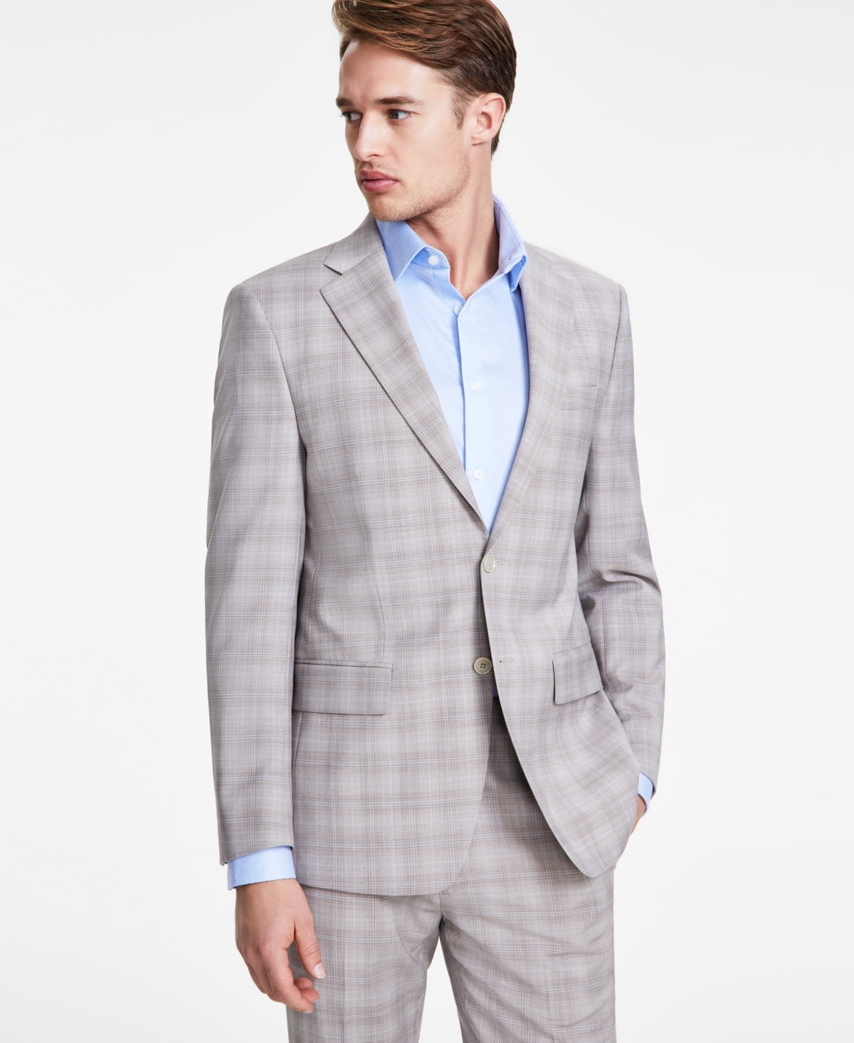 Calvin Klein Mens Slim fit Sport Coat Blazer 36 R Beige Plaid Stretch