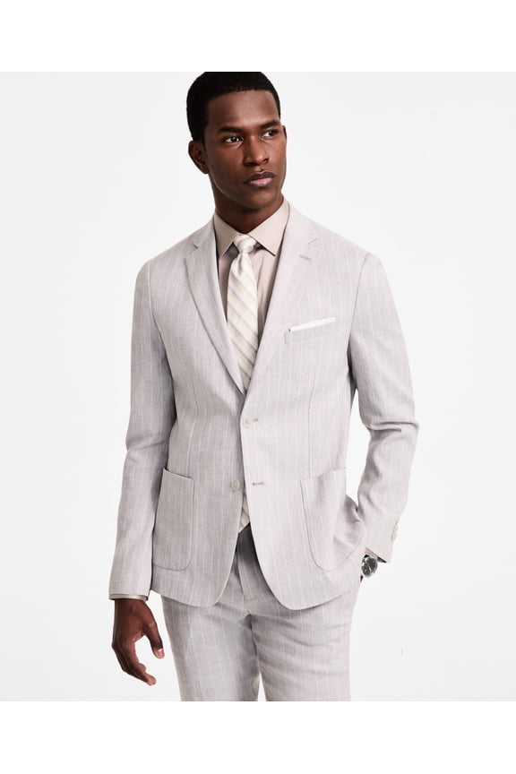 Mens Slim fit Suit Jacket Blazer 36 R Light Grey Striped Linen