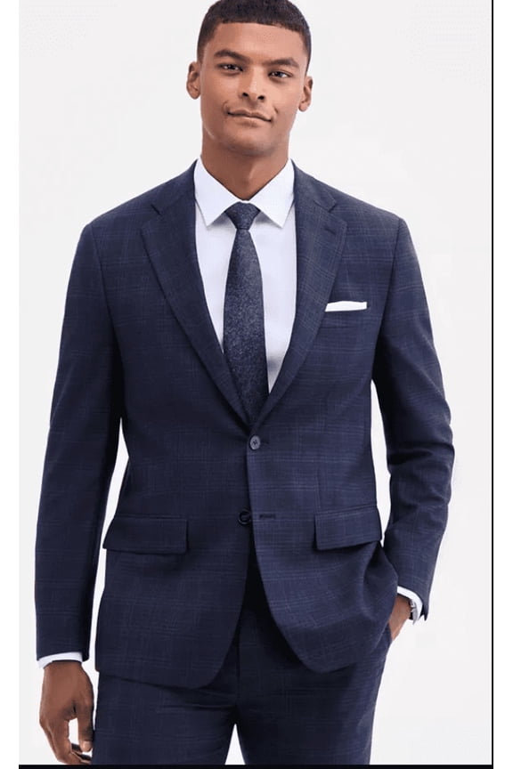 Mens Slim fit Suit Jacket Blazer 36 R Navy Blue Plaid Stretch Wool