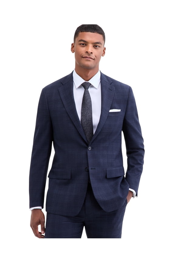 Mens Slim fit Suit Jacket Blazer 36 S Navy Blue Plaid Stretch Wool