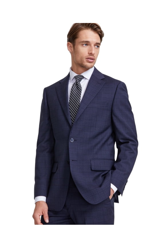 Mens Slim fit Suit Jacket Blazer 38 R Navy Blue Plaid Stretch
