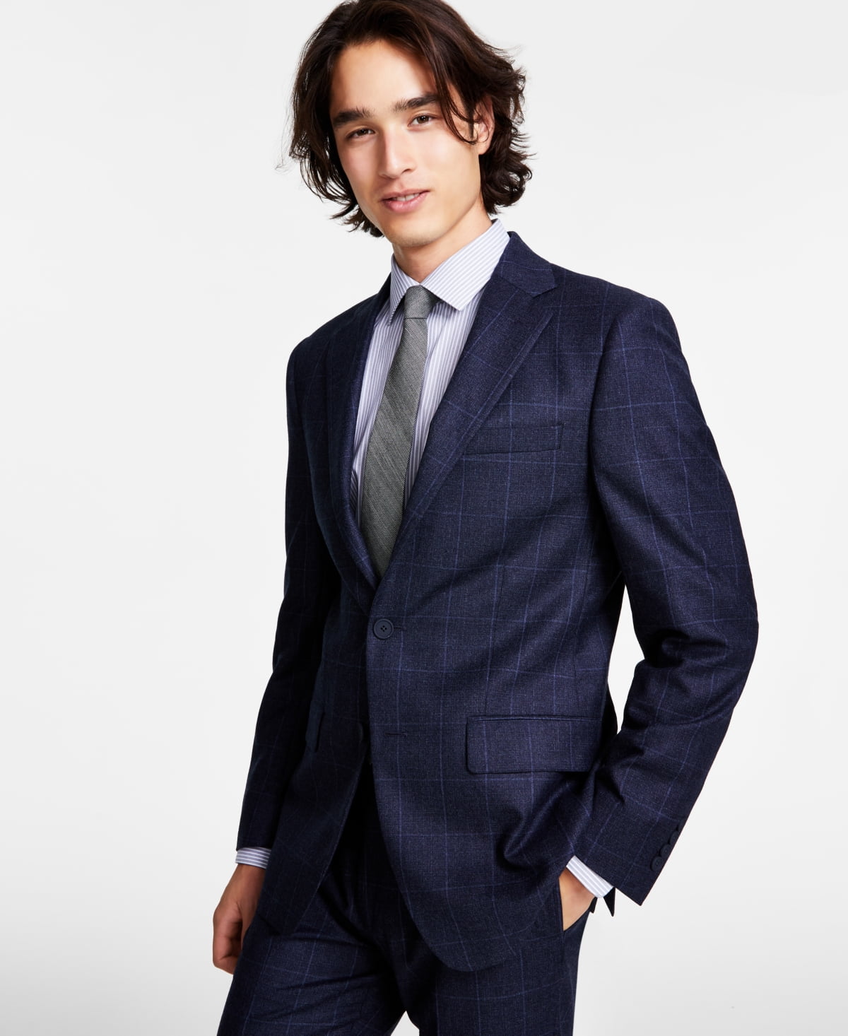 Calvin Klein Mens Slim fit Suit Jacket Blazer 42 L Blue Plaid Stretch