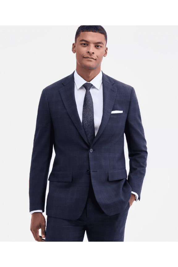 Mens Slim fit Suit Jacket Blazer 42 R Navy Blue Plaid Stretch Wool