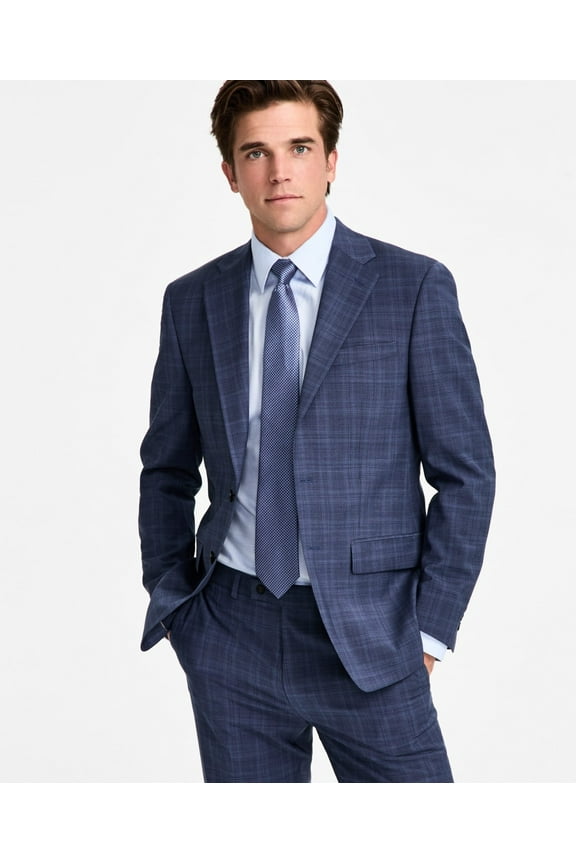 Mens Slim fit Suit Jacket Blazer 42 S Navy Blue Plaid Stretch