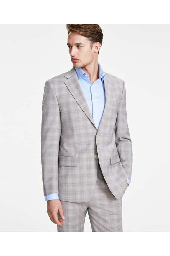 Mens Slim fit Suit Jacket Blazer 44 L Beige Plaid Stretch Wool