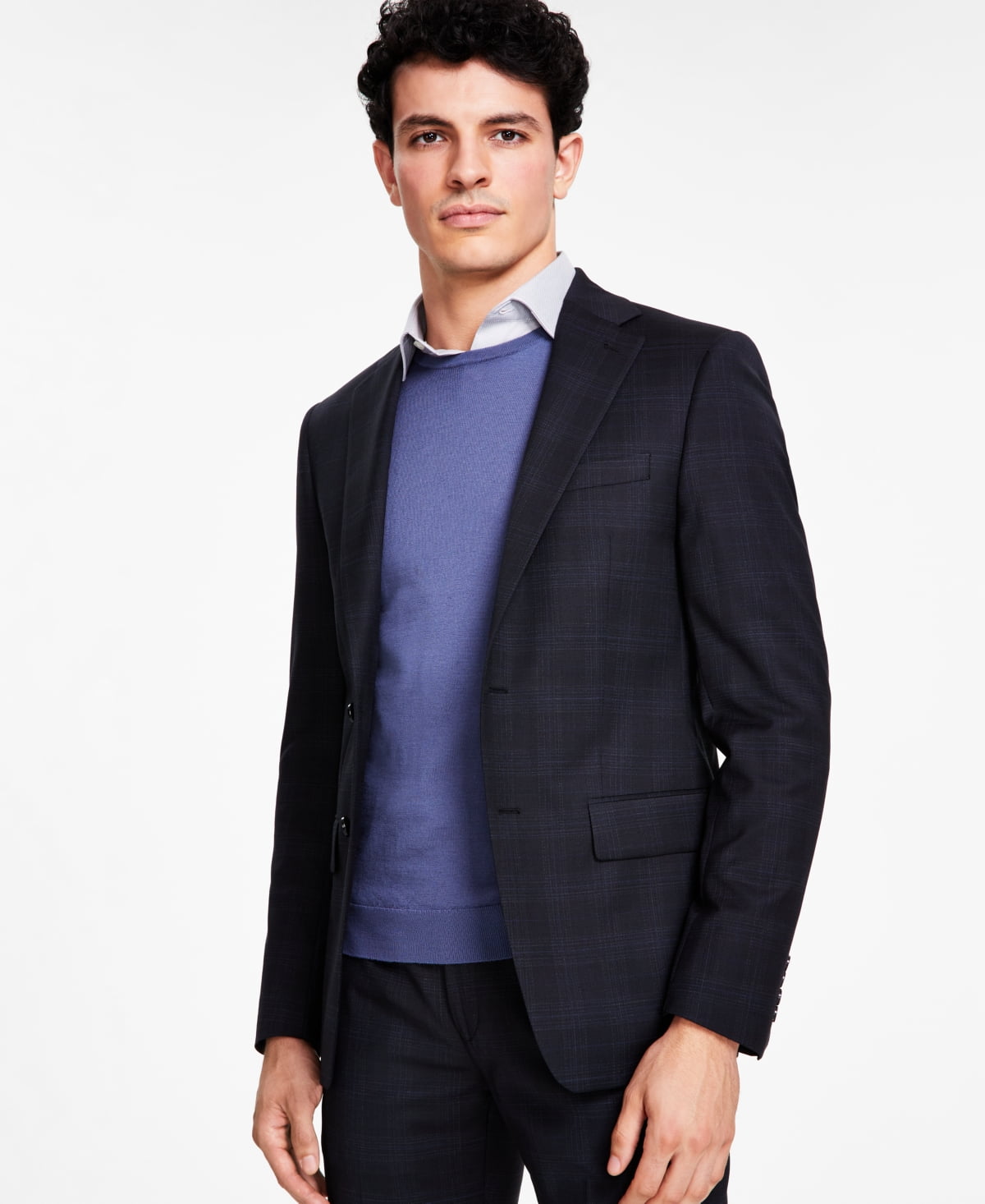 Calvin Klein Mens Slim fit Suit Jacket Blazer 44 L Black Plaid Stretch