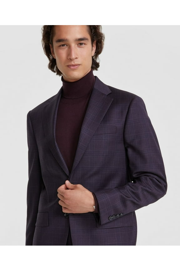 Mens Slim fit Suit Jacket Blazer 48 R Blue Burgundy Plaid Stretch