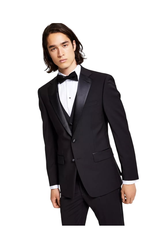 Mens Slim Fit Tuxedo Suit Jacket Blazer 46 L Black Solid Stretch