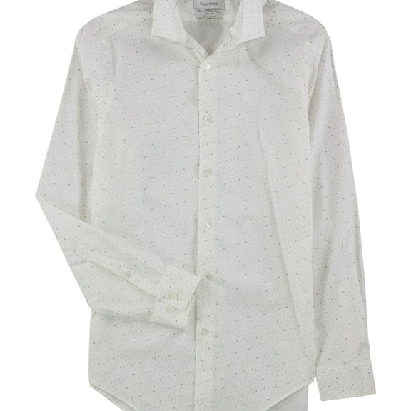 Calvin Klein Mens Steel Geometric Button Down Dress Shirt, White, 14.5" Neck 32"-33" Sleeve