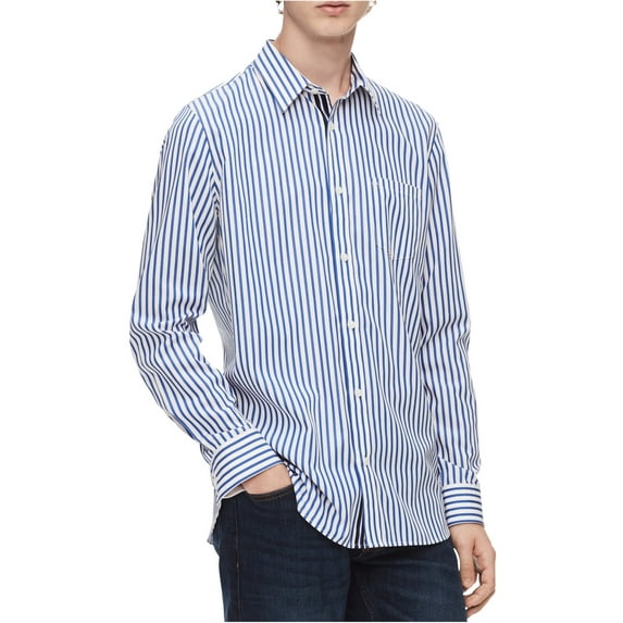 Calvin Klein Mens Striped Button Up Shirt, Blue, XX-Large