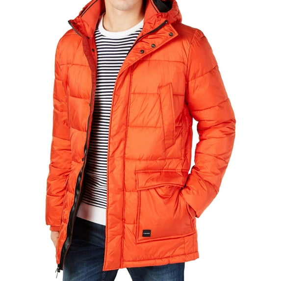 Calvin Klein Mens Winter Hooded Puffer Jacket, Orange, X-Small