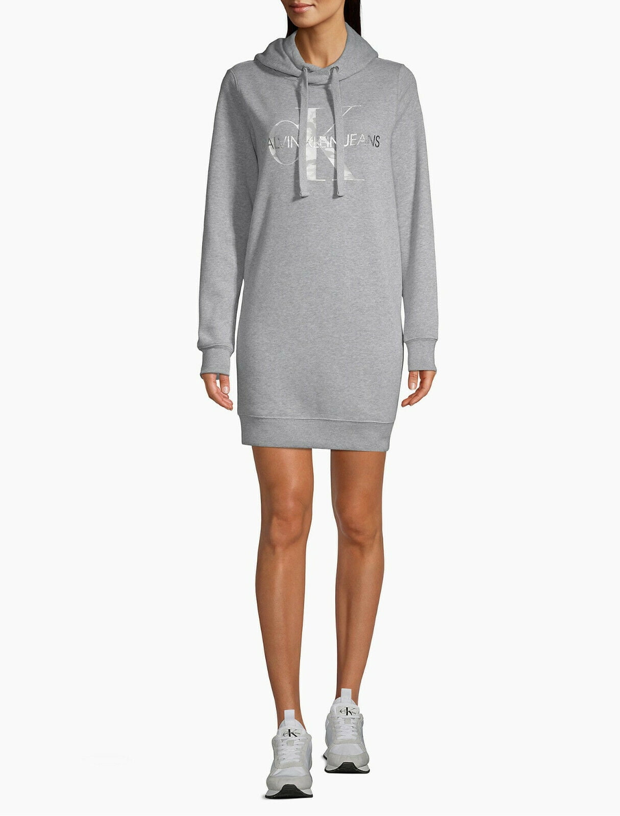 Calvin Klein Metallic Monogram Logo Sweatshirt Dress,Gray Camo, L