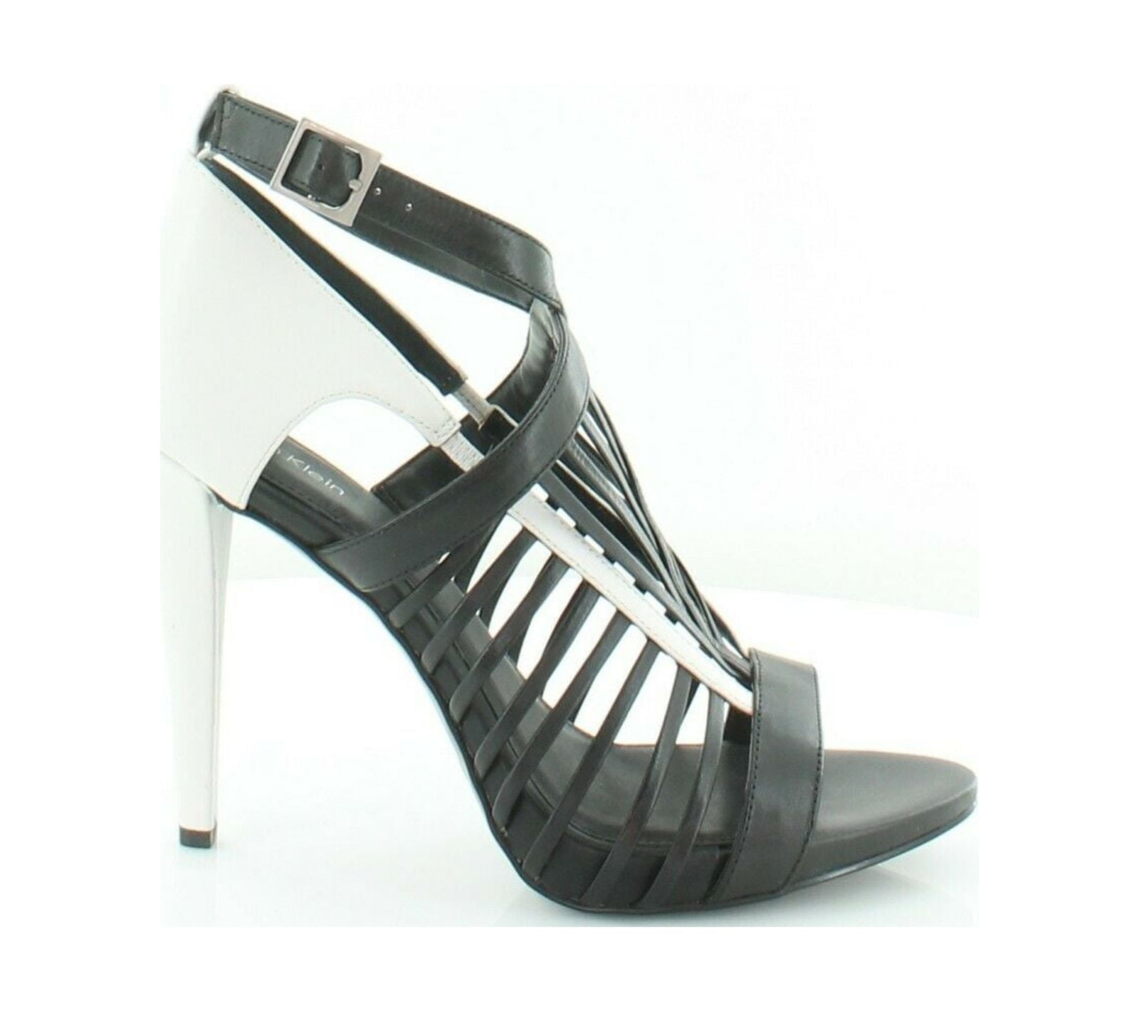 Calvin Klein Naida Cow Silk Caged Black White Peep Toe Ankle Strap Sandal 8.5 M New