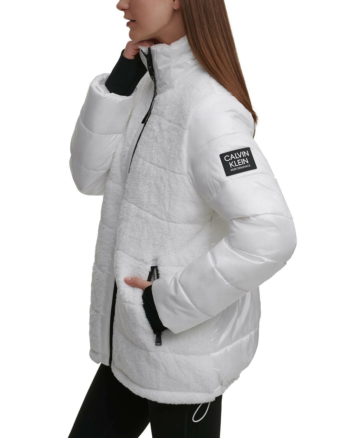 Calvin Klein Performance Mixed-Media Sherpa Jacket Hoodie Size Small White