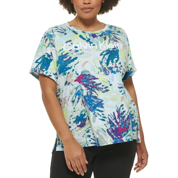 Calvin Klein Performance Plus Size Printed Logo T-Shirt Floral Wash/Sea Level 2X