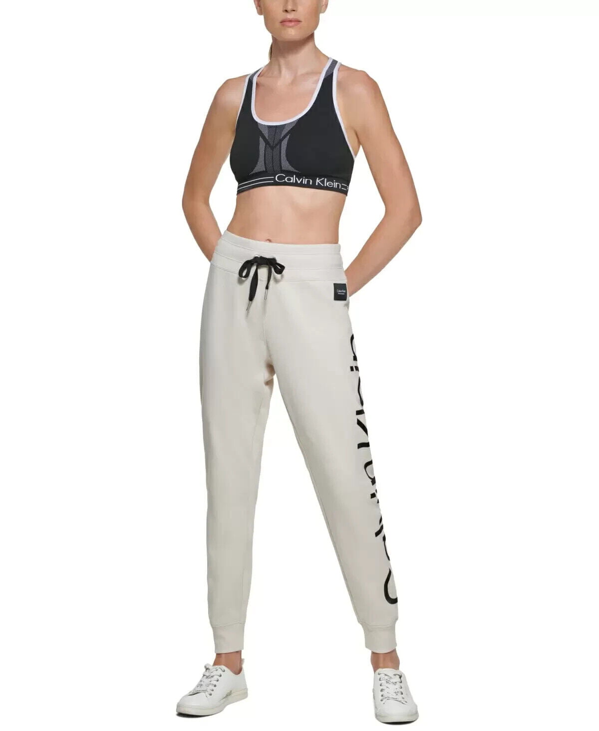 Calvin Klein Performance Women's Flocked Logo Jogger Pants Beige Oat Size L  $80 