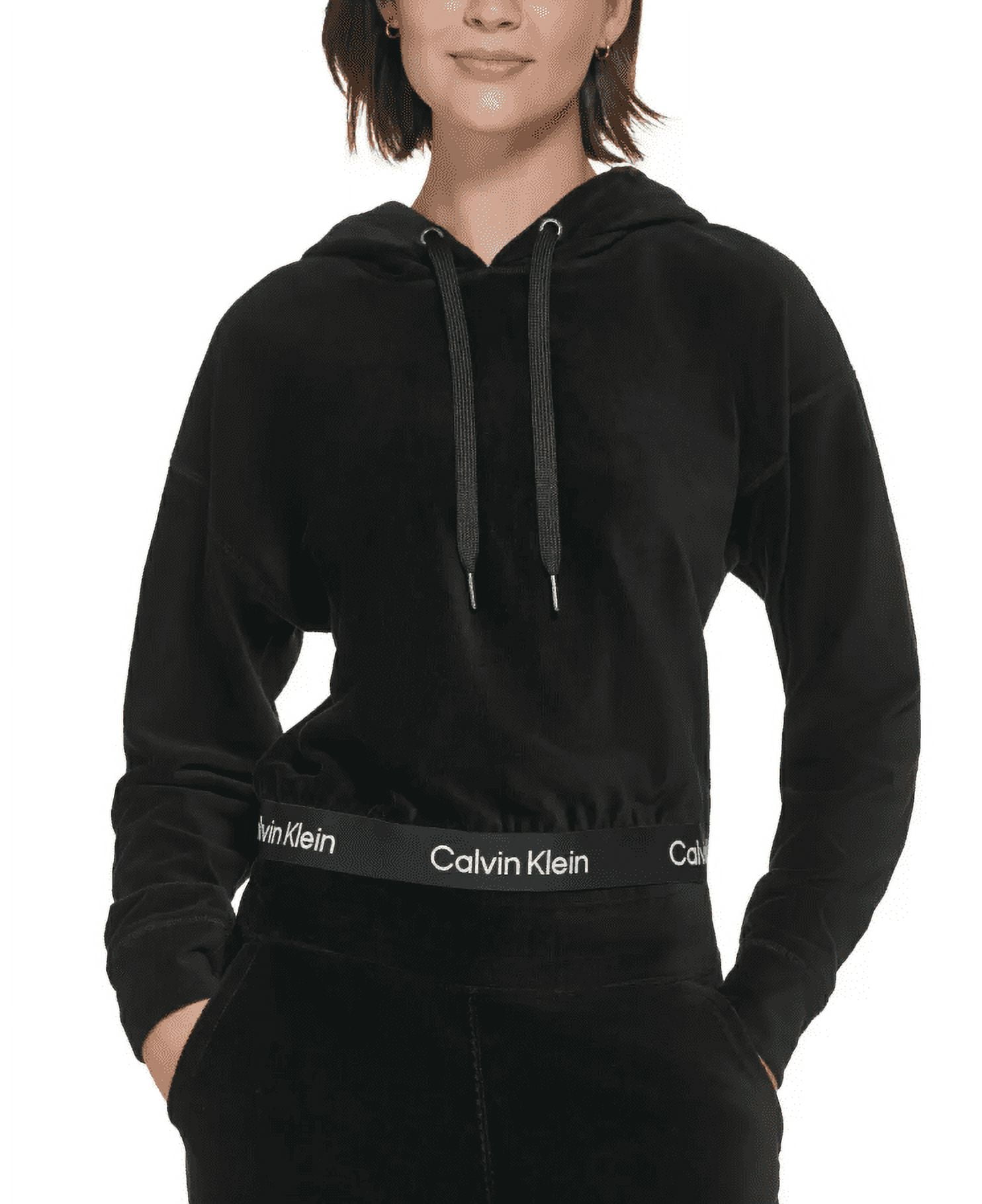 Calvin Klein Performance Women's Logo Elastic Long-Sleeve Pullover Velour  Hoodie, Black, Medium