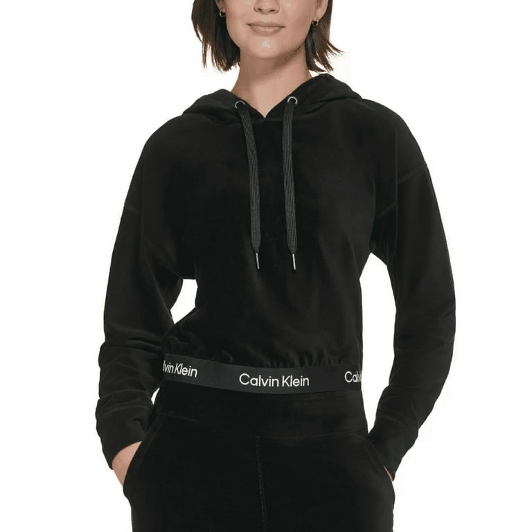 Calvin Klein Performance Women's Logo Elastic Long-Sleeve Pullover Velour  Hoodie, Black, Medium