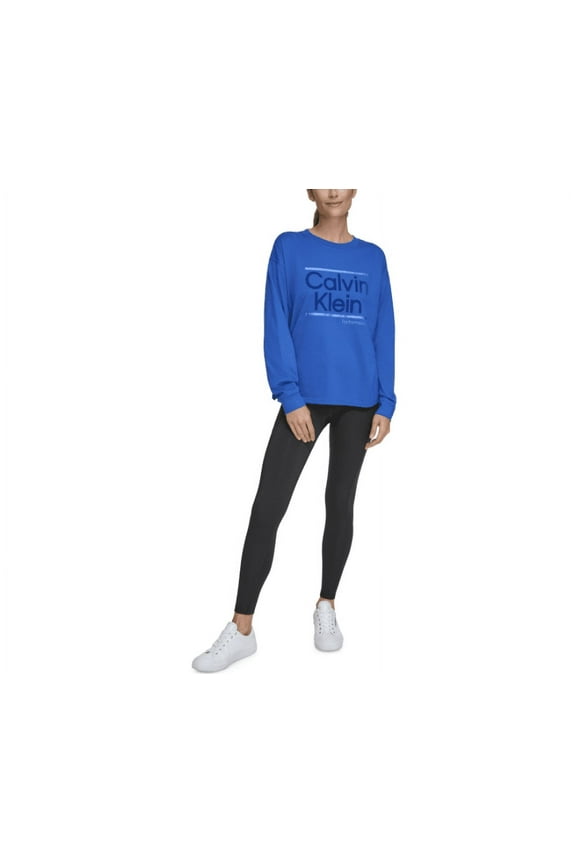 Performance Women's Metallic Logo Crewneck Long-Sleeve Cotton T-Shirt - MAZARINE BLUE