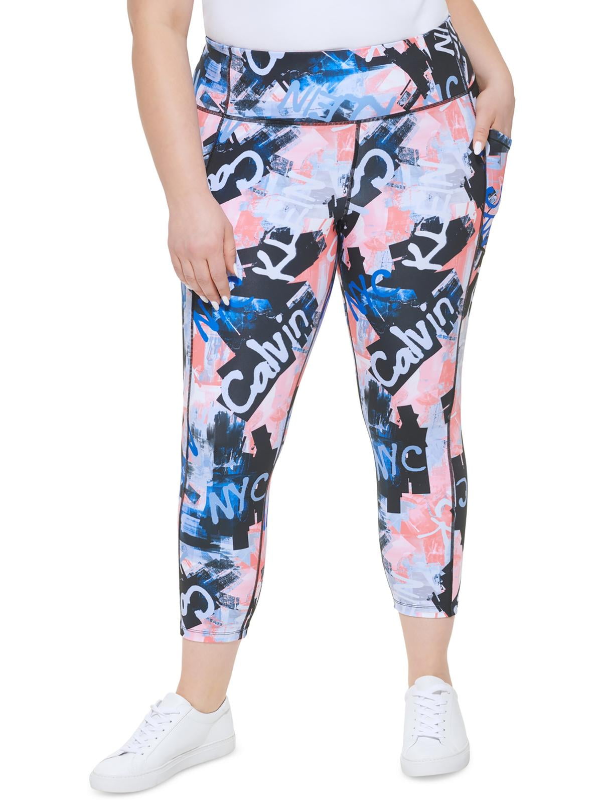 CALVIN KLEIN PERFORMANCE Womens Blue Pocketed High Rise Pull On Printed  Cropped Leggings Plus 3X 