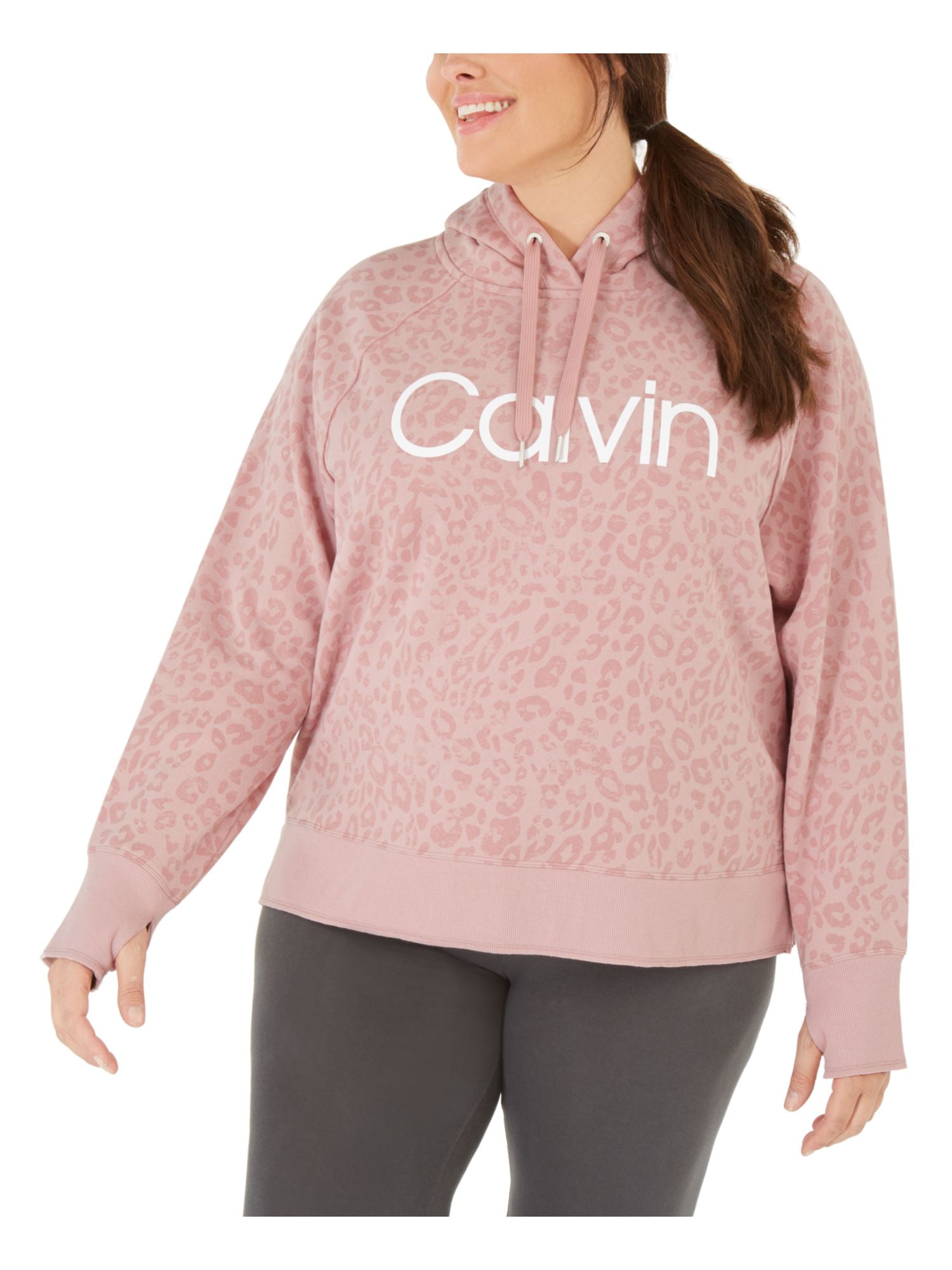 Calvin Klein Women's Plus Size Animal-Print Hooded Sweatshirt (2X, Cameo Combo)
