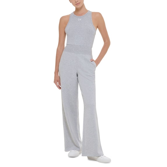 Calvin Klein Performance Womens Wide Leg Fleece High Waist Pant Silver L