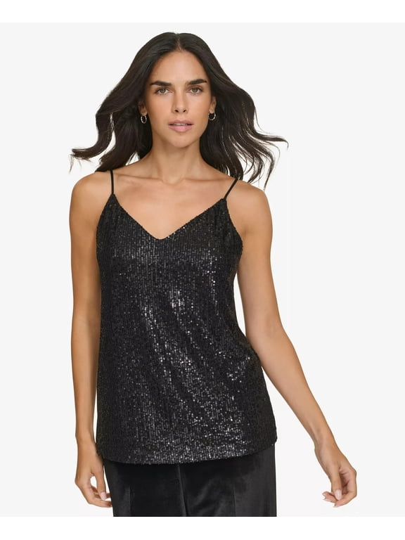 Petite V-Neck Sleeveless Sequin Tank Top Women's PM Black Pullover