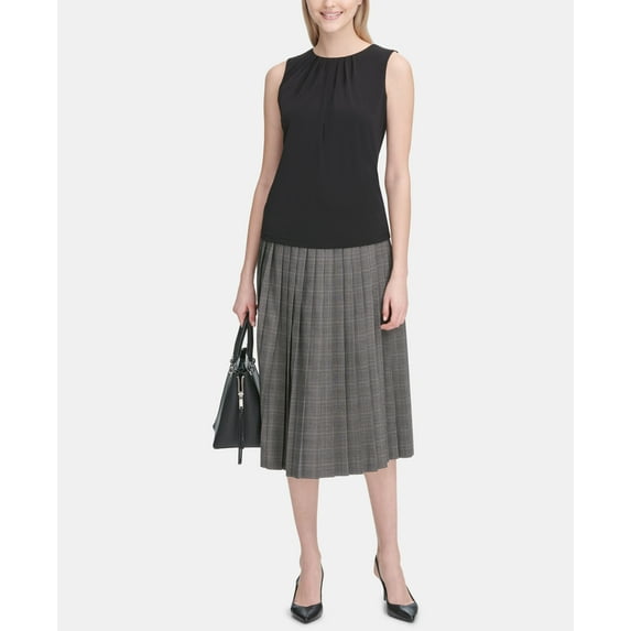Calvin Klein Plaid Pleated A Line Skirt Khakiblack 2