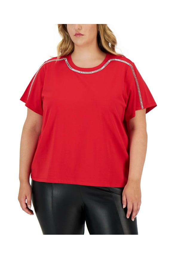 Plus Size Rhinestone Trim Crewneck Top Rouge 0X