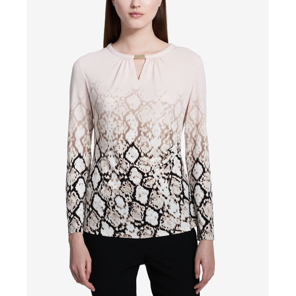 Calvin Klein Women's Key Hole Printed Blouse Blush L