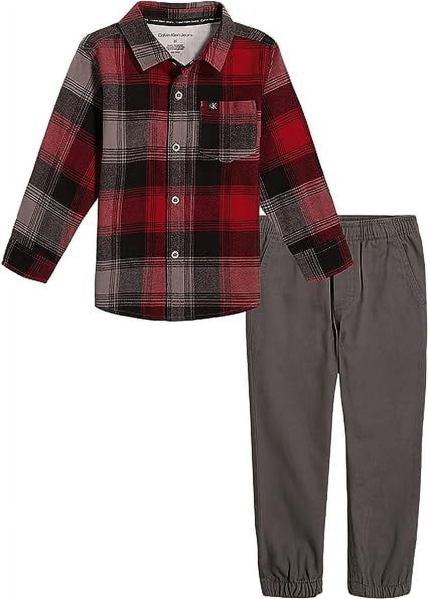 Calvin Klein RED PLAID/GREY Boys' 2Pc. Shirt Pant Set, 10 Boys