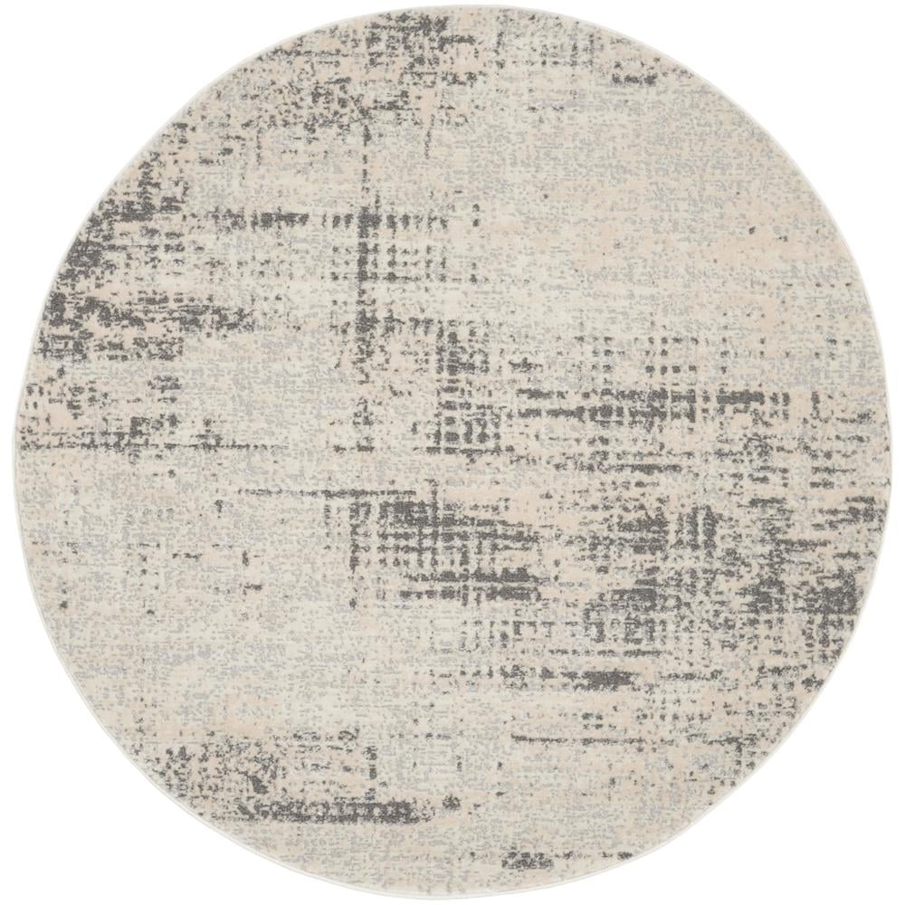 Ivory and Beige Round Abstract Synthetic Rug, 4 ft