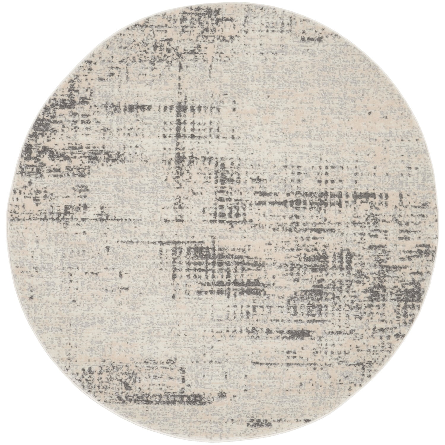 Ivory and Beige Round Abstract Synthetic Rug, 4 ft