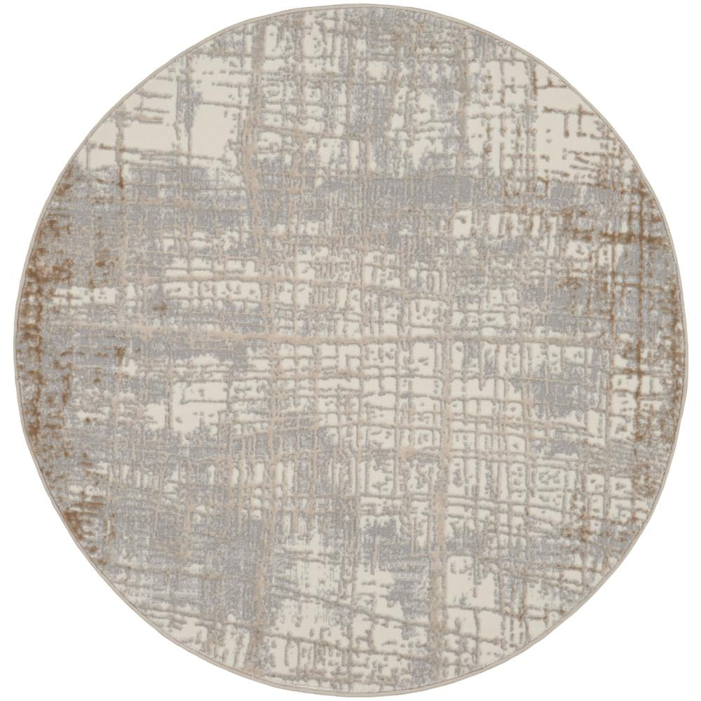 Ivory and Taupe Round Abstract Synthetic Rug, 4 ft