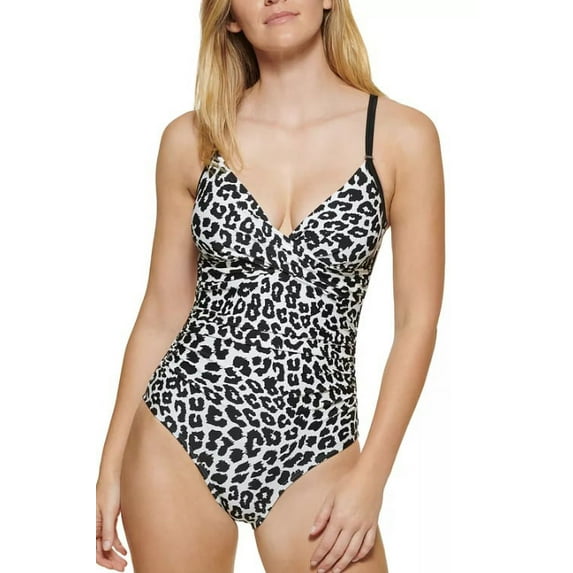 Calvin Klein SOFT WHITE LEOPARD Twist Tummy Control One-Piece Swimsuit, US 8