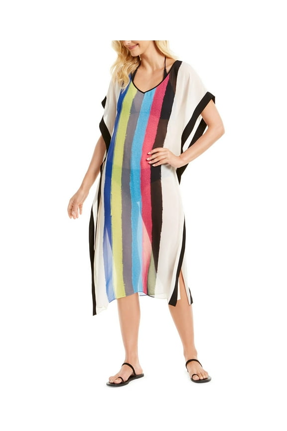 Womens Sheer Cover Up Dress Swimwear White Stripes V-Neck S/M New