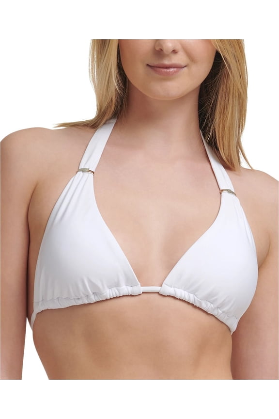 SOFT WHITE Slider Halter String Bikini Swim Top, US Medium