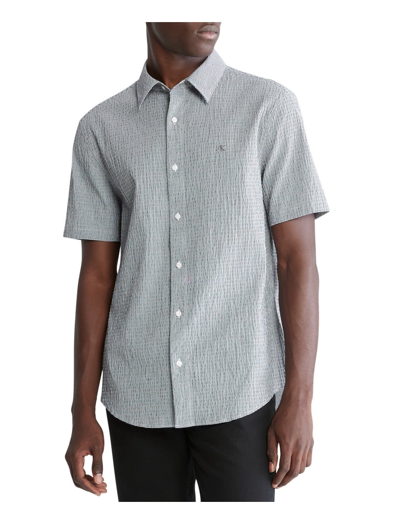Calvin Klein Men's Crinkle Check Regular Fit Short-Sleeve Shirt - Steel Gray - Size L