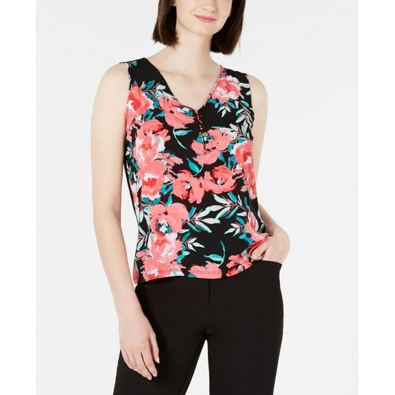 Calvin Klein Sleeveless Floral Print Top Coral Multi XL