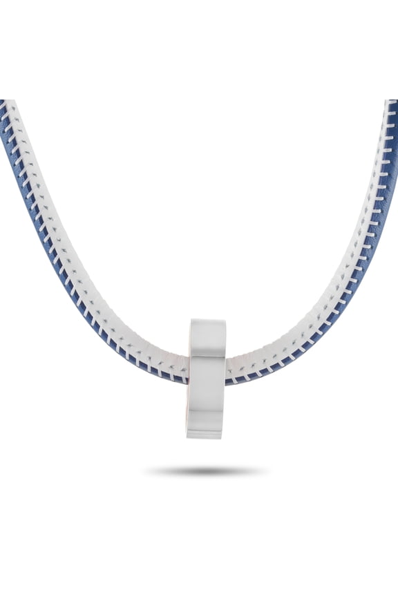 Stainless Steel Blue/White Leather Red Bearing Beaded Necklace