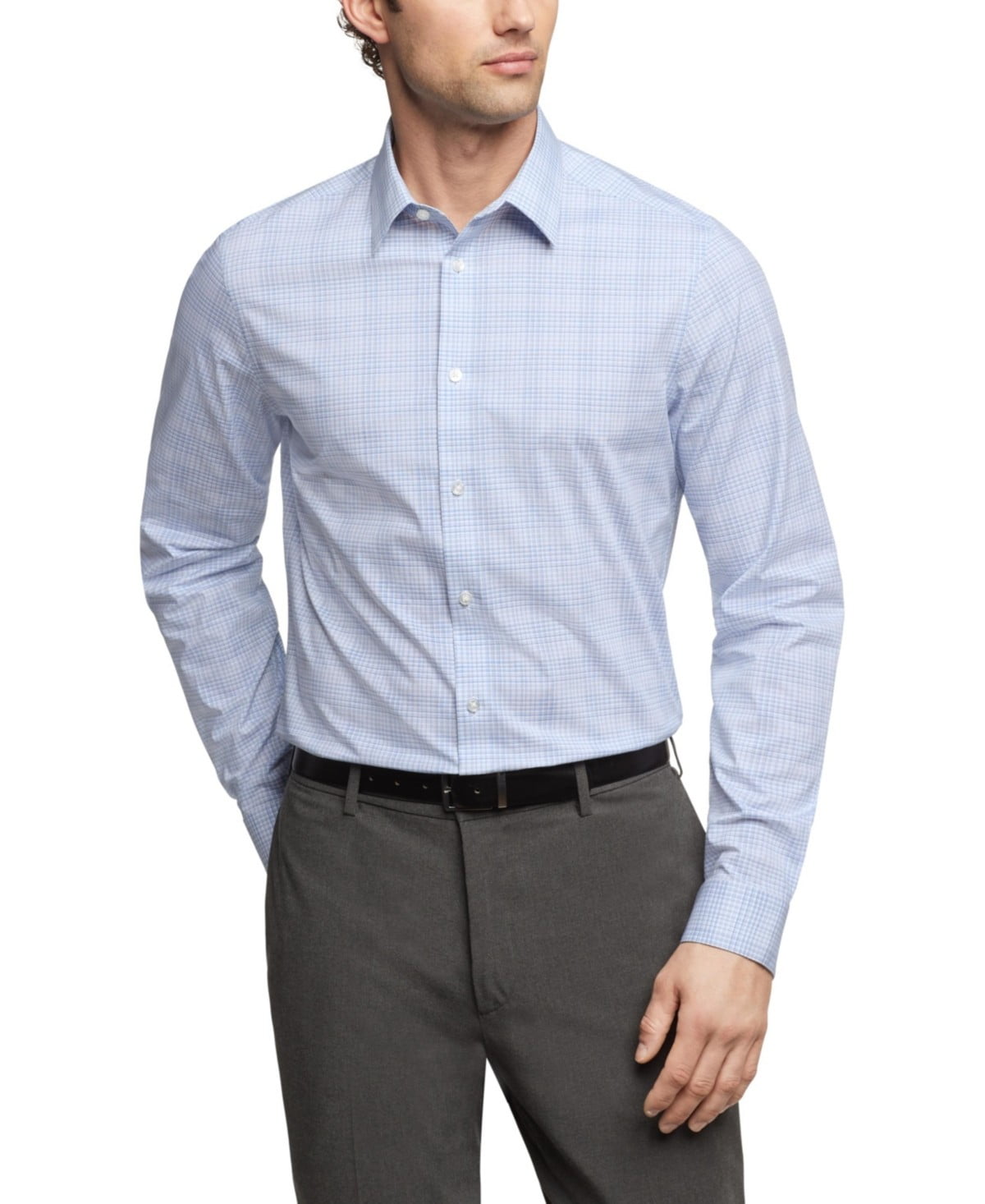 Calvin Klein Steel+ Dress Shirt Men's 15.5 34/35 Navy Blue Multi Regular Fit