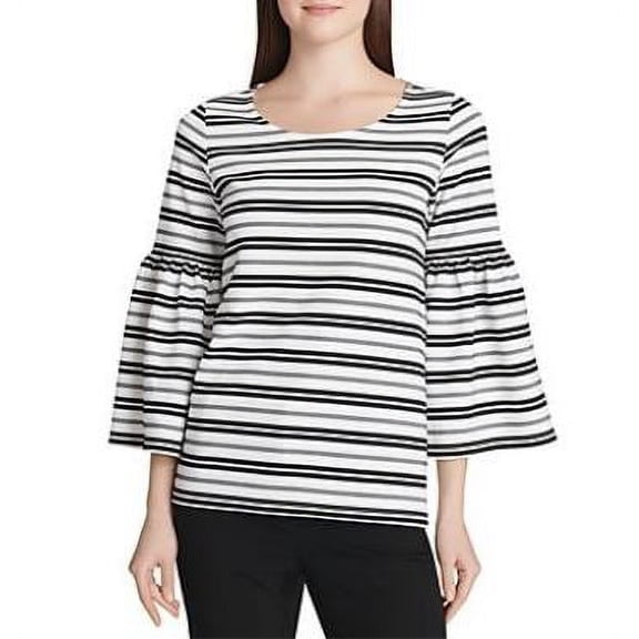 Calvin Klein Striped Bell-Sleeve Top, Soft White/Black, Large