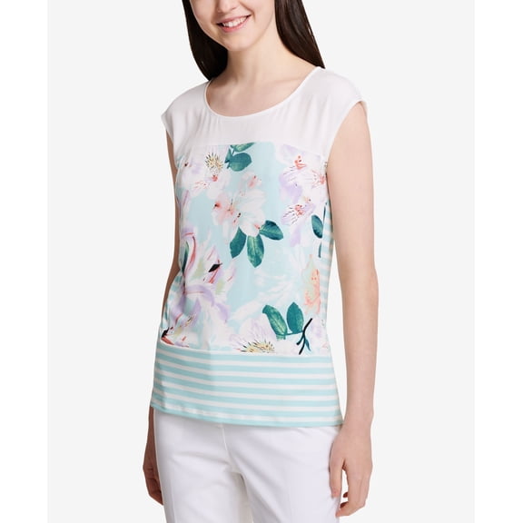 Calvin Klein Striped Floral Print Top Seaspray Multi S