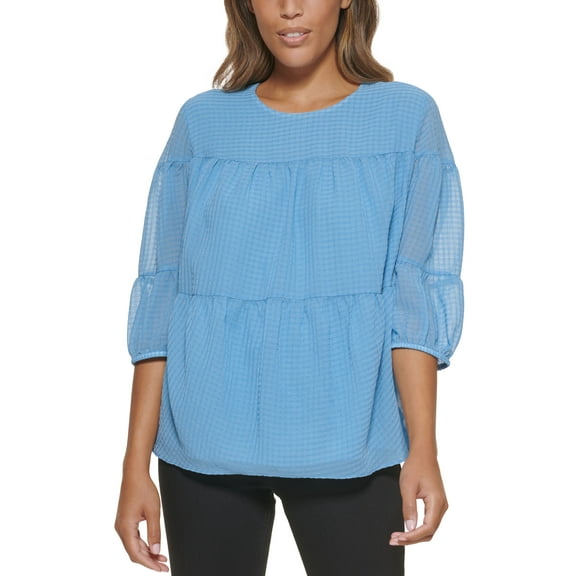 Calvin Klein Textured Chiffon 3/4 Sleeve Blouse Steel Blue L