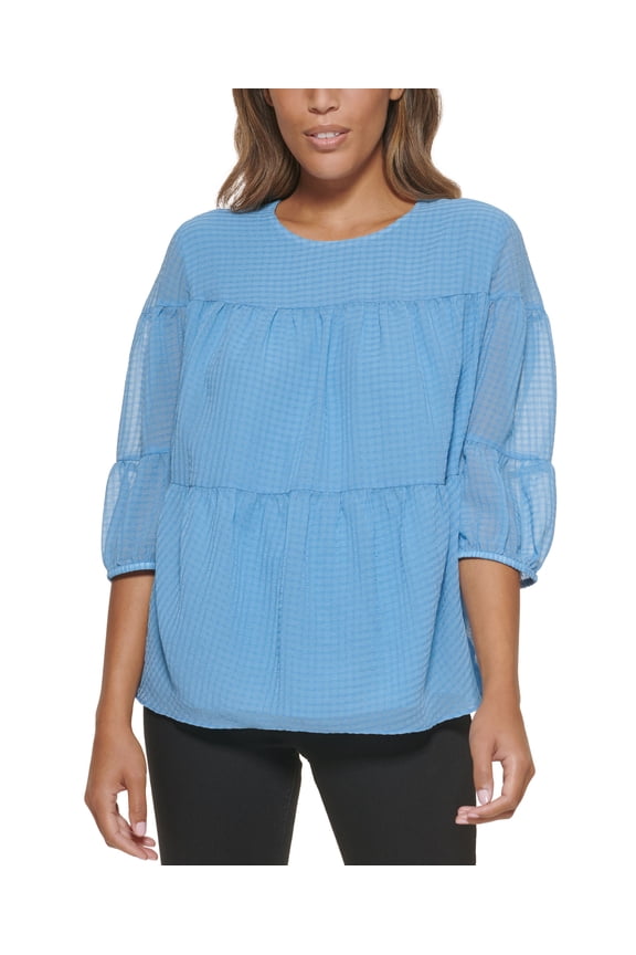 Textured Chiffon 3/4 Sleeve Blouse Steel Blue L