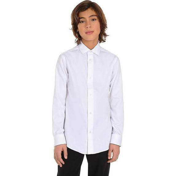 Calvin Klein WHITE Boys' Long Sleeve Sateen Dress Shirt, US 10