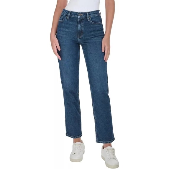 Calvin Klein Women High Rise Straight Leg Jean, Dark Blue, 10
