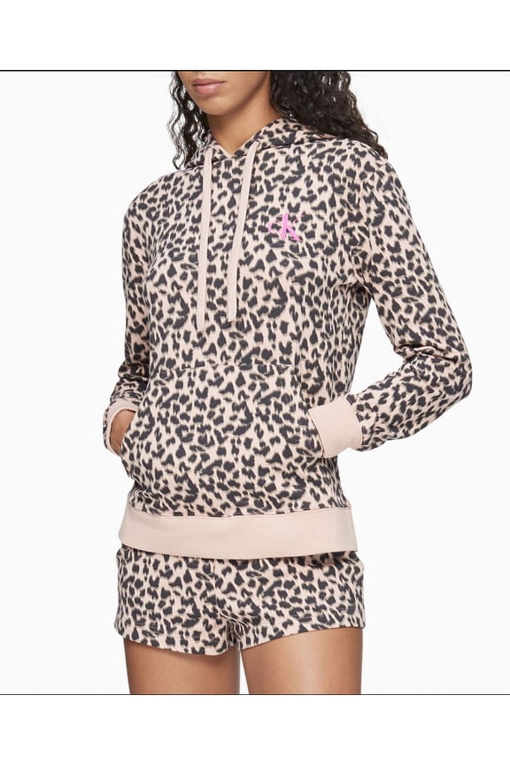 Womens CK One Cotton Long Sleeve Sweatshirt, Sketched Leopard Print Honey Almond, X-Small